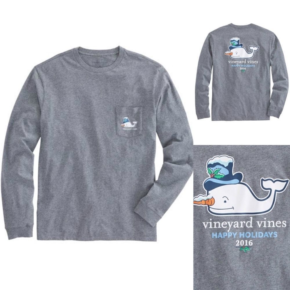 VINEYARD Vines Happy Holidays 2016 Long Sleeve Shirt Snowman Whale Top Hat Med